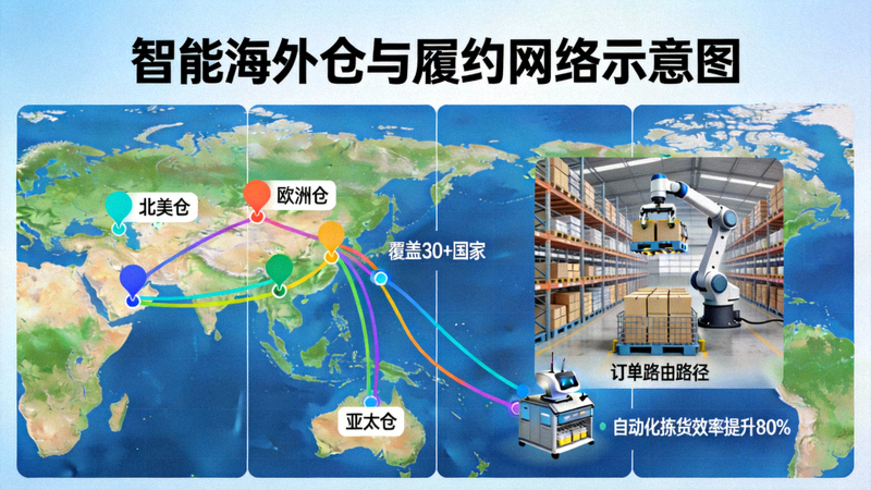 智能海外仓与履约网络示意图 - 展示全球仓库布局、机器人拣货和订单路由路径