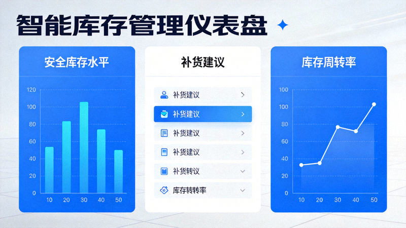 智能库存管理仪表盘 - 显示安全库存水平、补货建议和库存周转率图表