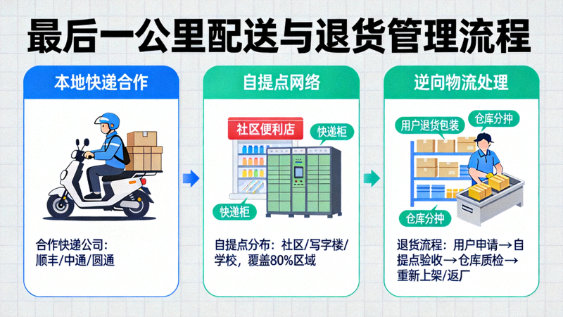 最后一公里配送与退货管理流程 - 展示本地快递合作、自提点网络和逆向物流处理