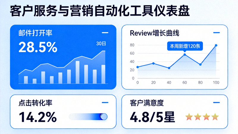 客户服务与营销自动化工具仪表盘 - 显示邮件打开率、Review增长曲线等数据