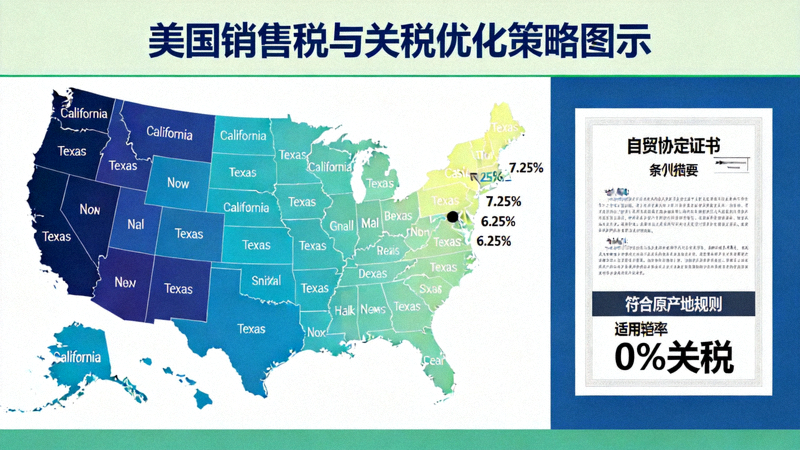 美国销售税与关税优化策略图示 - 各州税率地图与自贸协定证书示例