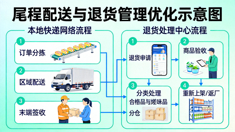 尾程配送与退货管理优化示意图 - 本地快递网络与退货处理中心流程