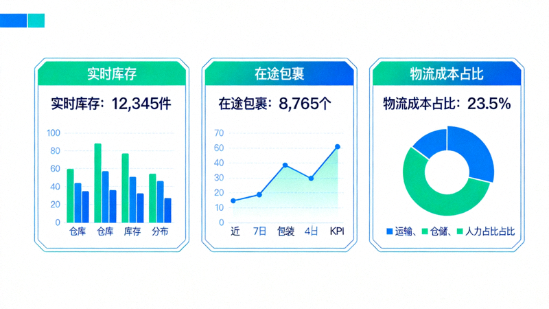物流数据化与系统集成看板 - 显示实时库存、在途包裹、物流成本占比等KPI