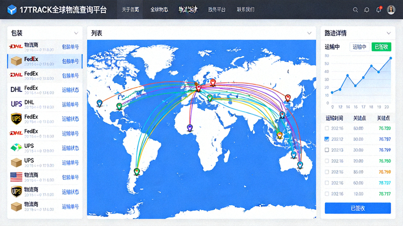 17TRACK全球物流查询平台页面 - 同时追踪多个不同物流商的包裹运输轨迹地图