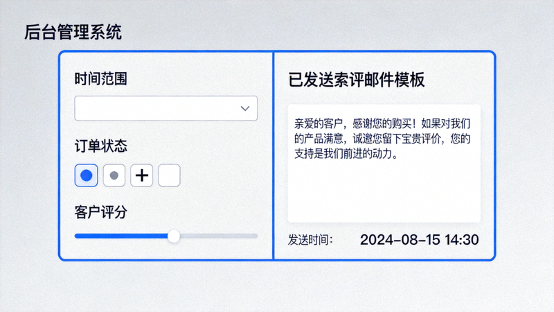 第三方索评工具后台 - 展示订单筛选条件设置和已发送的索评邮件模板