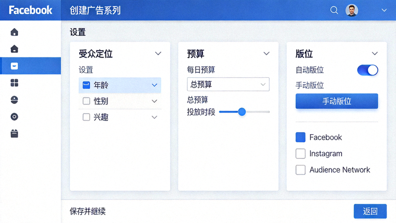 Facebook广告管理后台界面 - 正在创建广告系列，设置受众定位、预算和版位