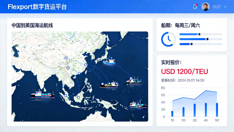 Flexport数字货运平台界面 - 展示从中国到美国的海运航线、船期和实时报价看板