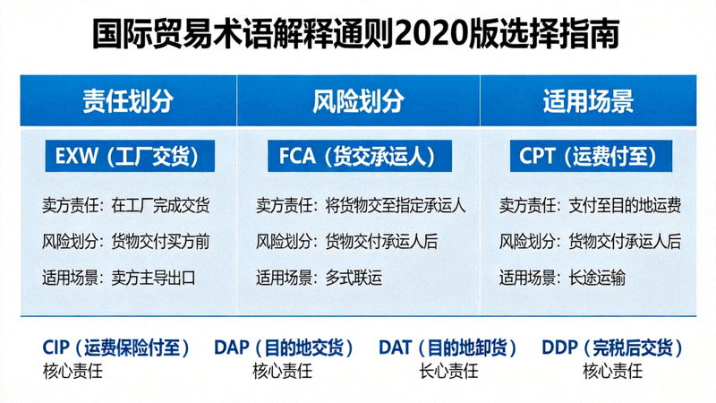 国际贸易术语解释通则2020版选择指南配图 - 清晰的责任与风险划分图表