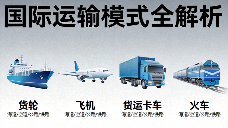 国际运输模式全解析文章配图 - 货轮、飞机、货运卡车与火车并列