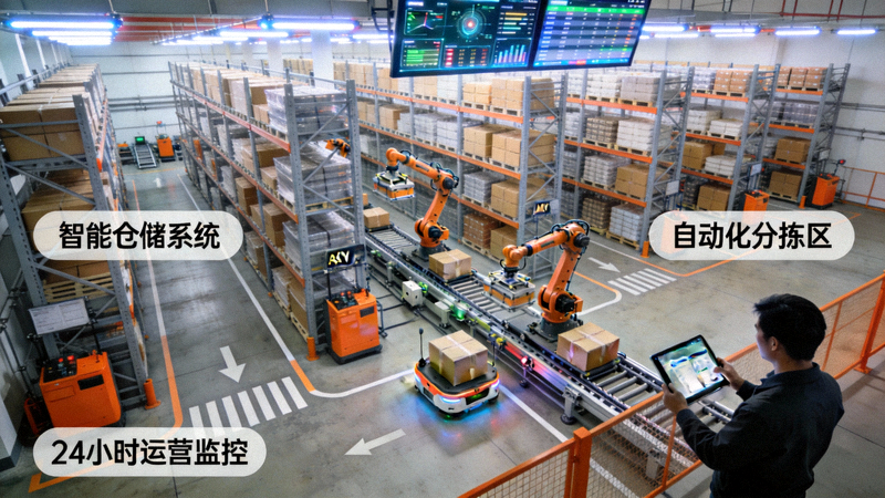 海外仓布局与管理策略文章配图 - 现代化自动化仓库内部运作实景