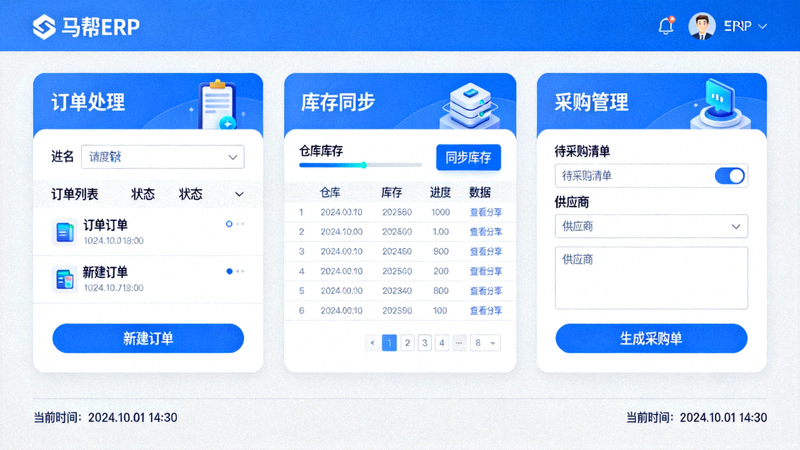 马帮ERP系统操作界面 - 展示订单处理、库存同步和采购管理模块