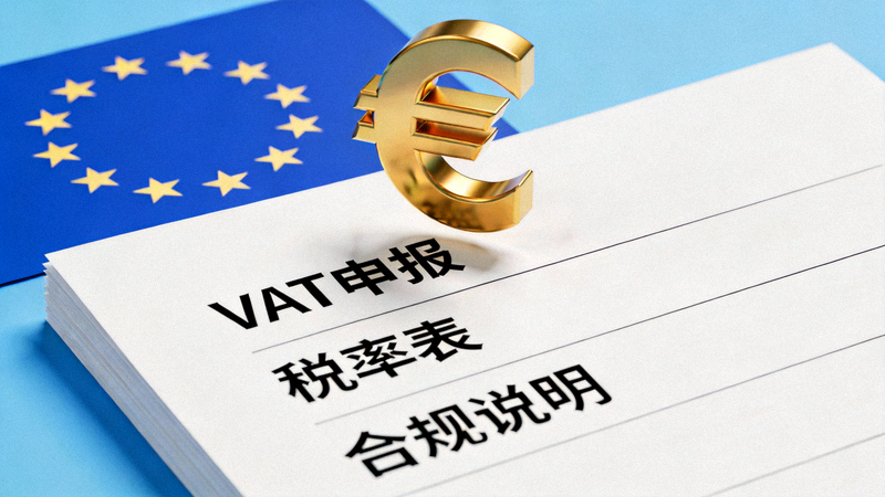 欧盟VAT合规全指南文章配图 - 欧盟旗帜、欧元符号与税务表格叠加