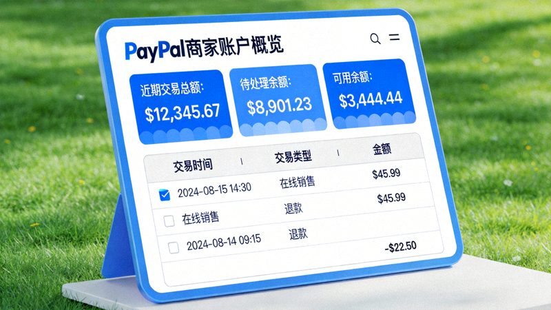 PayPal商家账户概览页面 - 显示近期交易总额、待处理余额和交易活动列表