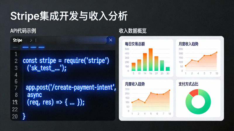 Stripe支付集成开发界面和收入分析面板 - 展示API代码和可视化收入图表
