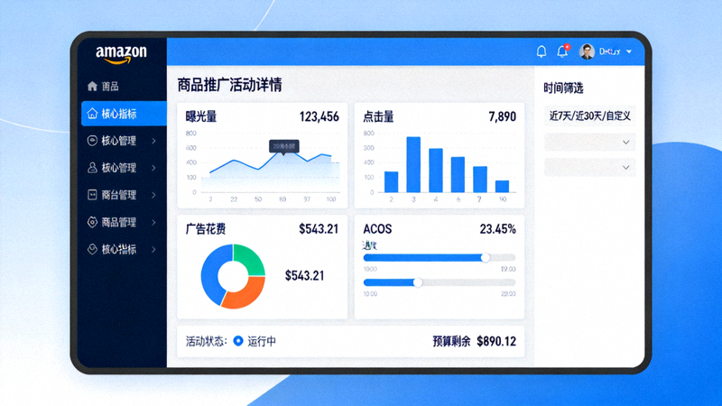 亚马逊广告管理平台中的商品推广活动详情页面 - 展示曝光、点击、花费和ACOS等指标
