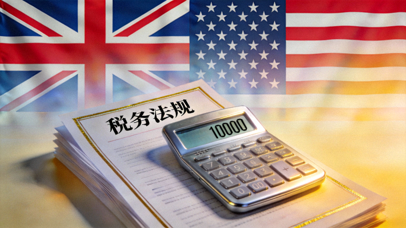 英美税务筹划策略文章配图 - 英国与美国国旗背景下的计算器与法律文书