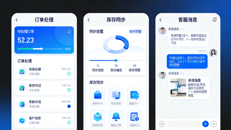 店铺运营与自动化管理工具界面 - 显示订单处理、库存同步与客服消息面板