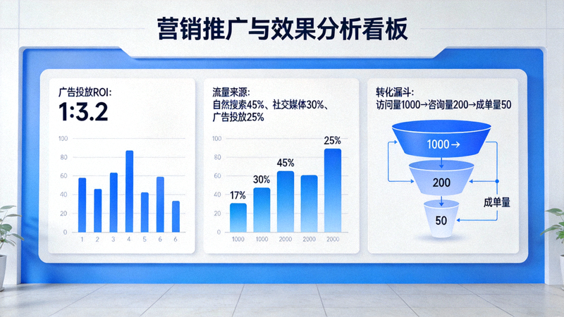营销推广与效果分析工具看板 - 展示广告投放ROI、流量来源与转化漏斗