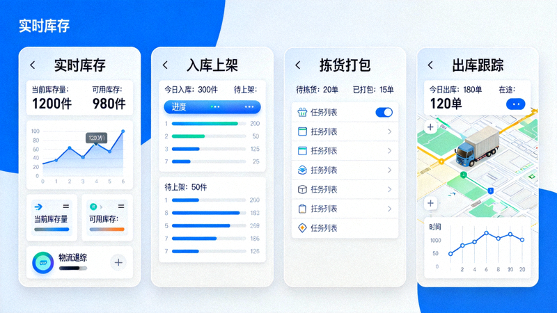 智能海外仓管理系统界面 - 显示实时库存、入库上架、拣货打包与出库跟踪
