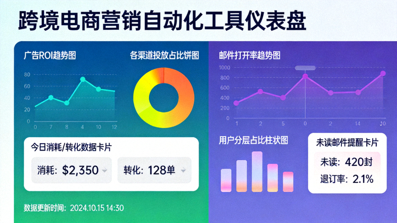 跨境电商营销自动化工具仪表盘 - 展示广告投放效果与邮件营销数据