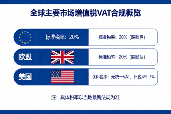 全球主要市场增值税VAT合规概览信息图 - 欧盟、英国、美国等地区图标与税率示意