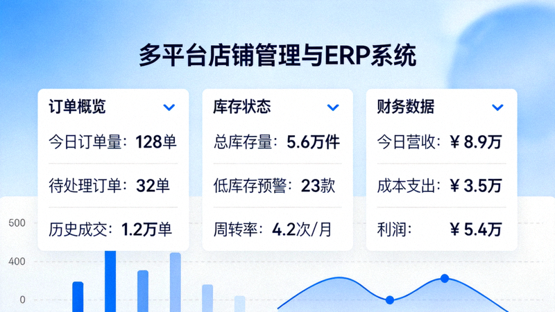 多平台店铺管理与ERP系统仪表盘截图 - 显示订单、库存、财务数据概览