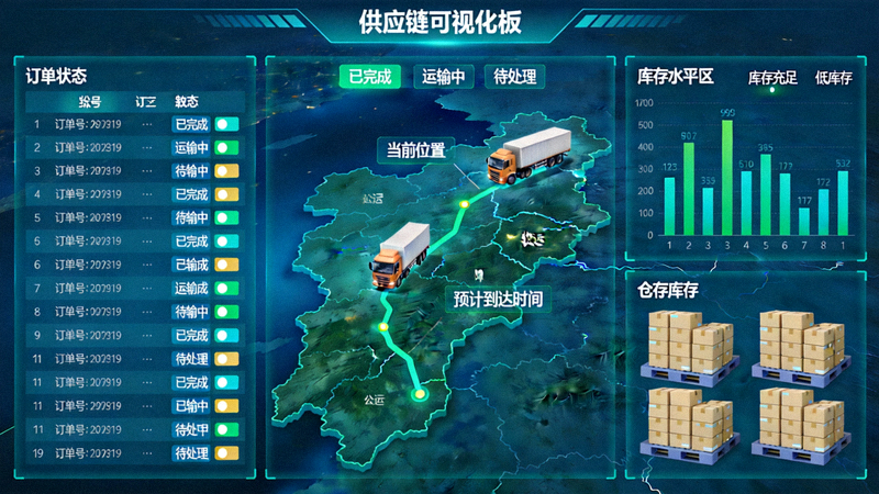 供应链可视化看板 - 显示订单状态、运输轨迹和库存水平的实时数据
