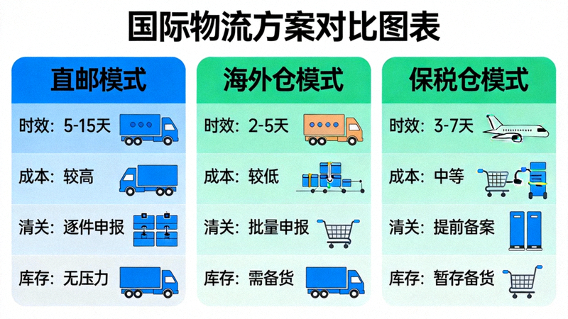 国际物流方案对比图表 - 直邮、海外仓、保税仓模式对比