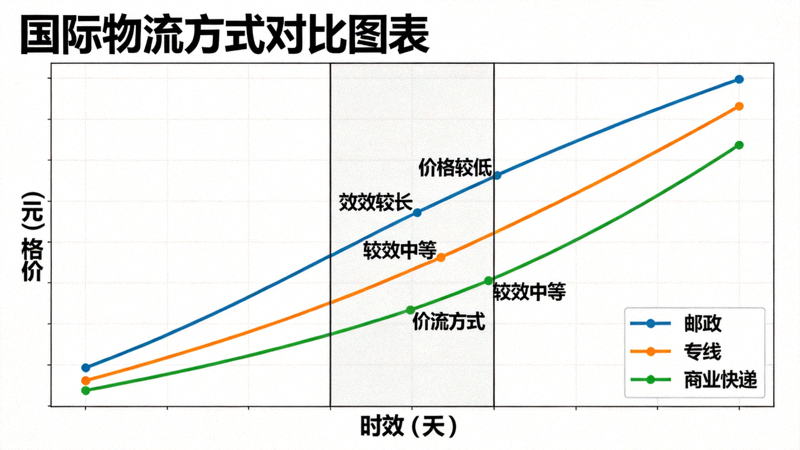 国际物流方式对比图表 - 展示邮政、专线、商业快递的时效与价格曲线