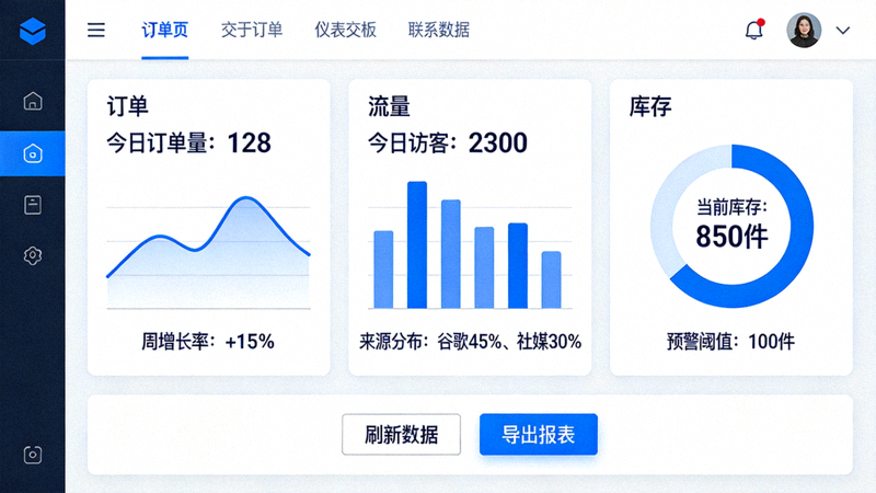 跨境电商店铺管理工具界面展示 - 仪表盘显示订单、流量与库存数据