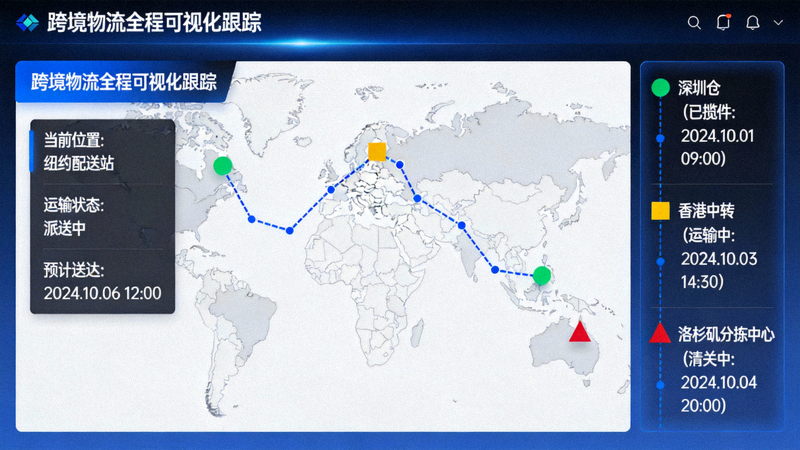 跨境物流全程可视化跟踪页面 - 地图显示包裹运输路径