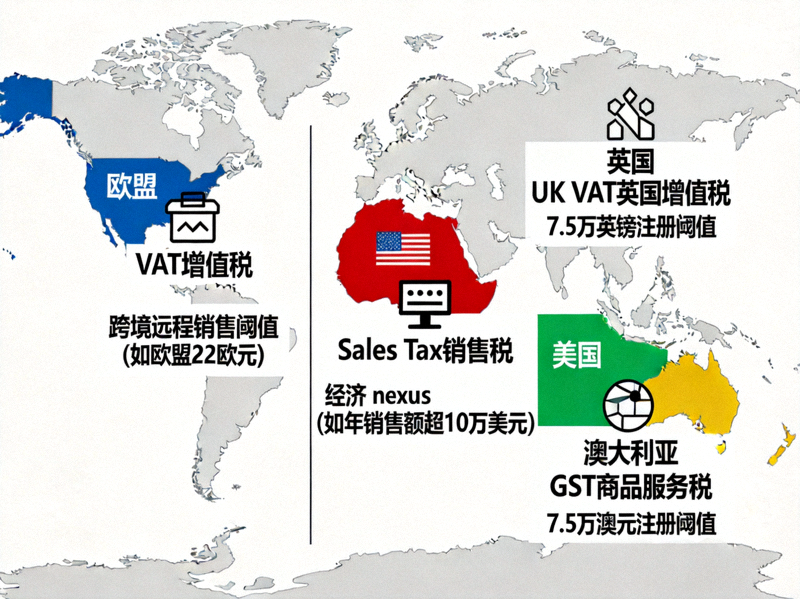 全球主要跨境电商市场税务合规地图信息图 - 标注欧盟、美国、英国、澳大利亚等地区的税种图标与关键合规节点