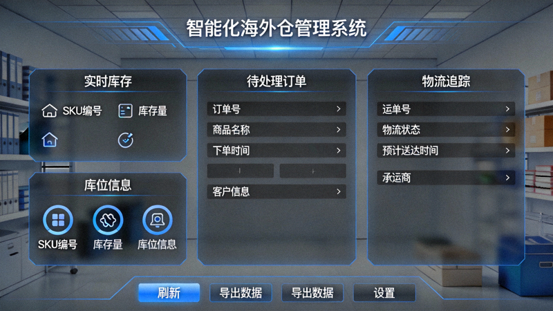 智能化海外仓管理系统界面 - 显示库存、订单与物流信息