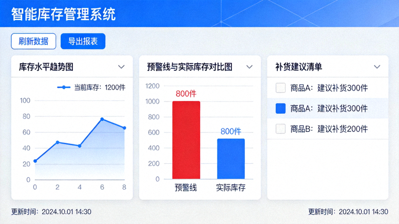 智能库存管理软件界面 - 展示库存水平、预警线和补货建议图表