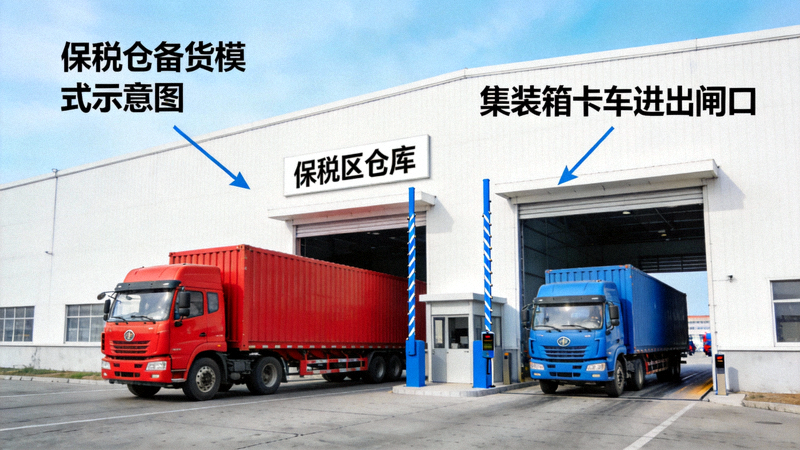 保税仓备货模式示意图 - 保税区仓库外景，集装箱卡车正在进出闸口