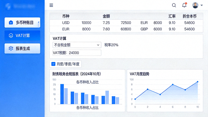 财务与税务合规管理软件界面 - 显示多币种账目、VAT计算与报表生成功能