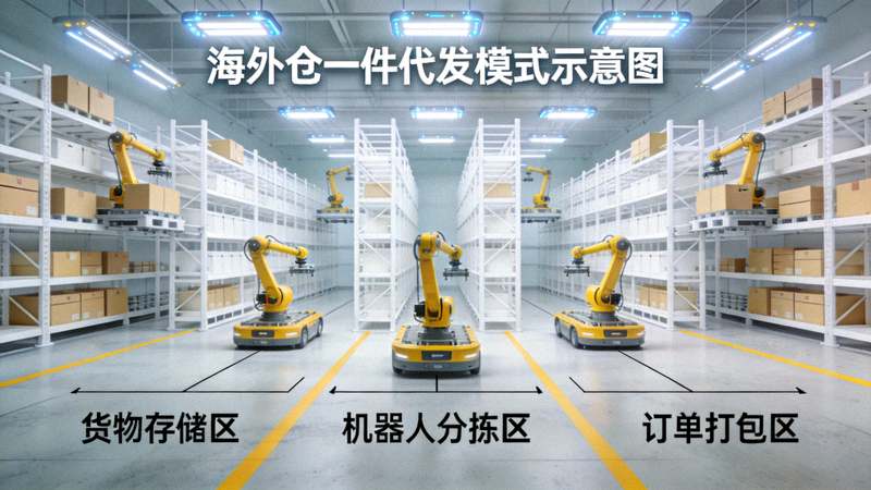 海外仓一件代发模式示意图 - 现代化海外仓库内景，机器人正在搬运货架