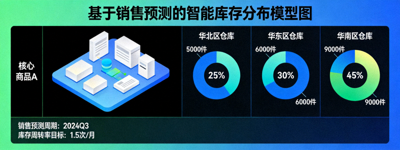 基于销售预测的智能库存分布模型图 - 展示核心商品在不同区域仓库的备货建议比例