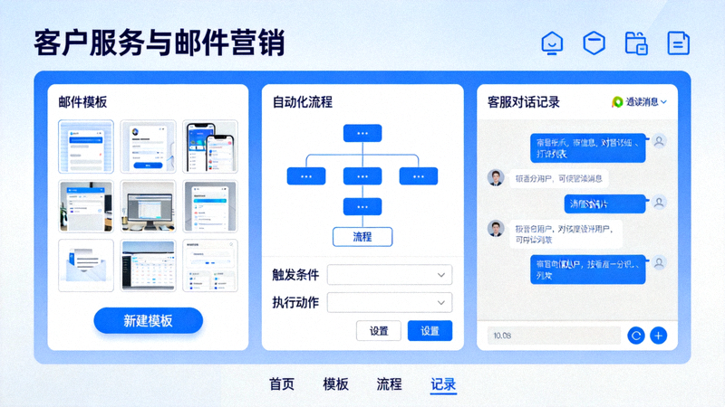客户服务与邮件营销自动化工具界面 - 显示邮件模板、自动化流程与客服对话记录