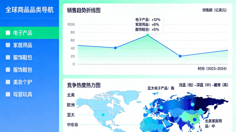 市场研究与选品工具界面截图 - 展示全球各品类商品销售趋势与竞争热度数据图表